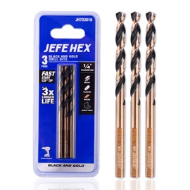 JEFE HEX 1/4 High Speed Steel Black Gold Coated Drill Bit, Jobber Length with 3 Flat Shank, 135 Degree Split Point, Ideal for Steel, Wood, Suitable for DIY and General Purpose Usage (3 pcs)