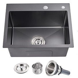 MENATT Commercial 22 X 18 Inch Drop in Single Bowl Kitchen Sinks, SUS304 Stainless Steel Handmade Topmount Workstation Kitchen Sink (Black)