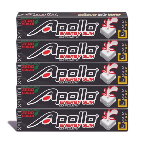 Apollo Energy Gum – Liquid Core Xylitol Gum – Sugar-Free, Aspartame-Free, Caffeinated Gum – Spearmint – 5 Pieces of Gum Per Pack (5 Pack)