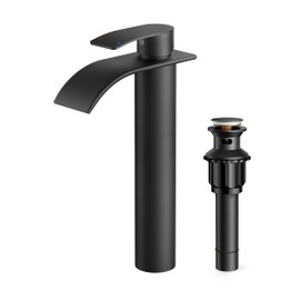 FORIOUS Tall Bathroom Faucets, Vessel Sink Faucet with Metal Pop up Drain，Mate Black Waterfall Bathroom Faucet Single Handle with Metal Pop Up Drain, Tall 11inch Sink Faucet for Bath,Vessel