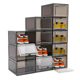 CNCEST 12pcs Shoe Containers, Stackable Shoe Boxes, Acrylic Shoe Display Cabinets, W/Magnetic Door Multifunctional Sneaker Organizer for Closets, Bedrooms, Bathrooms, Front Door Opening (Black Brown)