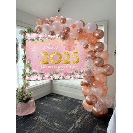 Pink Graduation Backdrop Rose Gold Class of 2025 Backdrop Pink Flower Graduation Party Decorations Congrats Grad Banner for Prom Photo Booth Prop (7x5FT)