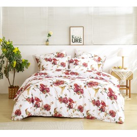 Tache Floral Hummingbirds Burgundy Ivory Antique Vintage Farmhouse Spring Country Rustic Microfiber Reversible Rose Garden Duvet Cover Full