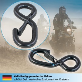 valonic Claw S-Hook with Safety Clasp, Rubberised, 650 kg, Carabiner Hook with Eyelet, for Tie Down Straps, Trailers, Webbing, Tarpaulins, Pole, Black