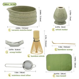YEEMUOS Matcha whisk Set,7 Pcs Matcha Making Kit with whisk Whisk, Ceramic Bowl, Sifter, Scoop, Holder, Stand, and Tea Towel for Ultimate Matcha Experience（Mottled Green）
