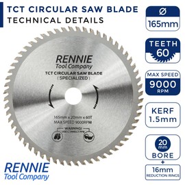 Rennie Tool 165mm x 20mm x 60T TCT Cordless Circular Wood Saw Blade. Fits Bosch Makita Ryobi Dewalt DC390, DWE007, DCS391, DC391N Circular Saws etc, Thin Kerf 165mm Cordless Circular Wood Saw Blade