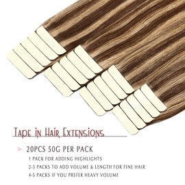 SURNEL Tape in Hair Extensions Human Hair Dark Brown #4 Highlights #27 Caramel Blonde Tape in Hair Extensions Real Human Hair Extensions Tape in Silky Straight 20pcs/50g (T14inch, 4P27)
