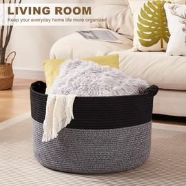 OIASKET Large Blanket Storage Basket for Living Room, 22.8" x 22.8" x 13" Woven Cotton Rope Basket with Handles, Baby Toy Storage, Laundry Hamper for Clothes, Pillows, Towels-Black and Grey