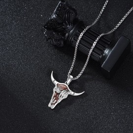 HKPATOP Western Necklace 925 Sterling Silver Wooden Cow Head Skull Pendant Necklace Cowgirl Country Jewelry for Men Women