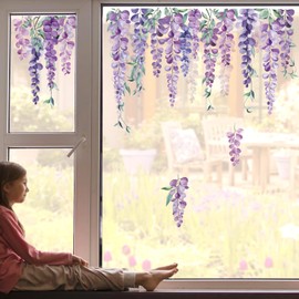 decalmile Window Sticker Flowers Vine Purple Window Decals Hanging Plants Wisteria Anti-Collision Window Film Glass Window Decoration Sticker