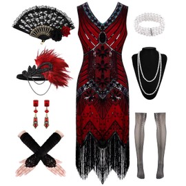 Women's 1920s Flapper Dresses, Lace Fan Feather Headband Sequin Beaded Fringes Vintage V Neck Roaring 20s Accessories