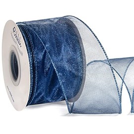 Ribbli Navy Organza Wired Ribbon, Navy Sheer Ribbon with Metallic Edge,2-1/2 Inch x 20 Yards Christmas Tree Ribbon for Decoration, Wired Ribbon for Large Gift Wrapping,Wedding Decoration