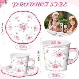 Umigy 60 Sets Tea Party Decorations 6.5oz Floral Paper Tea Cups with Handle and Plates Disposable Blossom Teacups and Saucers Sets with Tape for Hot Cold Drink Birthday (Pink Stylish)