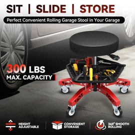 Auto Dynasty Rolling Mechanic Stool, Height Adjustable Heavy Duty Roller Creeper Garage Shop Seat with Padded Seat and Tool Storage Tray for Workshop Auto Repair, 300 LBS Capacity, Red