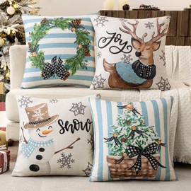 MIULEE Set of 4 Blue Decorative Pillow Covers 20x20 inch Snowman Elk Merry Christmas Throw Pillow Cases Winter Seasonal Cushion Cases Home Decors for Sofa Couch Bedroom