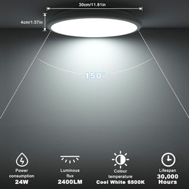 LUTW LUTW LED Ceiling Light 24W, Round Flush Ceiling Light 6500K Cool White 2200lm, Waterproof IP54, Ceiling Lamp for Bathroom, Kitchen, Corridor, Bedroom, Office, ?30cm