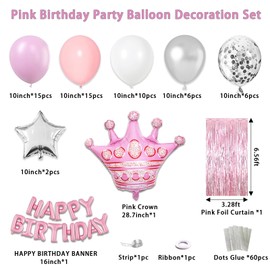 Pink Birthday Decorations for Girls Women,Crown Happy Birthday Banner Silver Pentagram Foil Balloons Fringe Curtains for Women Girl Birthday Pink Party Supplies