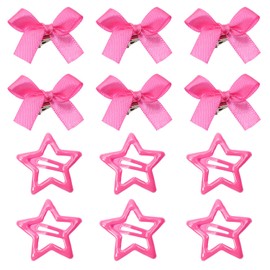Penta Angel Hair Clips for Women 6Pcs Mini Satin Ribbon Bow Hair Clip with 6Pcs Small Star Snap Hair Barrettes Decoration Accessories for Girls (Rose Star&Bow)