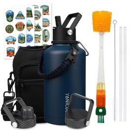 YONICOER Insulated Water Bottle 64oz,Triple Wall Vacuum Stainless Steel(Dishwasher Safe),Leak Proof & Non-BPA,Flask Jug with Paracord Handle & Straw Spout Lids Sports Navy Blue