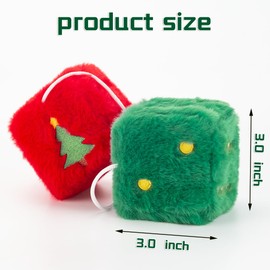 Christmas Fuzzy Dice for Rear View Mirror, Embroidered Santa and Tree Design Hanging Decorations, Red Green Plush Dice Ornaments for Car, Home, Indoor or Outdoor Holiday Decor Pair