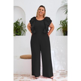 VERWIN Plus Size Ruffle Women's Jumpsuit Plain Full Length Romper Sleeveless Patchwork Overlay Jumpsuit with Pockets 5XL Black