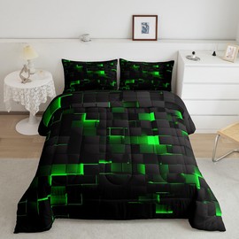 Erosebridal Boys Black Green Comforter Set Twin Teen Geometric Check Grid Bedding Set for Kids,Men Stereoscopic Abstract Square Down Comforter Neon Gradient Plaid Quilt Duvet Reversible Black