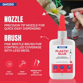 GH1200 (2-in-1) Super Glue for Plastic with Brush Applicator & Nozzle - Fast Setting Plastic Glue Heavy Duty for Solid Bonds, DIY & More, Crystal Clear & No Stain Glue