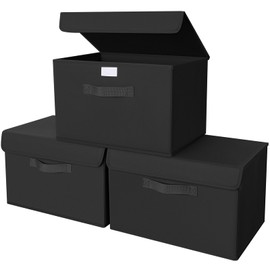 Homsorout Pack of 3 Fabric Storage Baskets, Storage Boxes with Lid, Foldable Storage Box with Handle, Organiser Boxes Box with Lid, Folding Box for Clothes, Cube Shelf, Jet Black