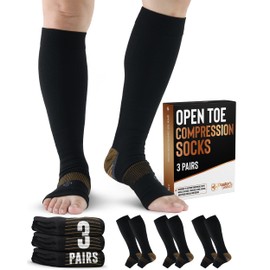 Doctor's Select 3 Pairs Copper Toeless Compression Socks for Men - 20-30 mmHg Compression Socks Men Open Toe, Toeless Socks, Black with Copper