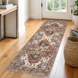 SIILOOM 2x6 Terracotta Washable Runner Rug for Hallways, Soft Floor Vintage Kitchen Rugs with Non-Slip, Non-Shedding Boho Rug for Bedroom Kitchen Porch Laundry Entryway