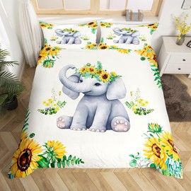 Cute Elephant Kids Duvet Cover Set Twin Size,Boys Girls Adults Cabin Decor,Sunflowers Plants Rustic Farmhouse Comforter Cover,Cartoon Animal Kawaii Bedding Set,Bright Quilt Cover,1 Pillowcase