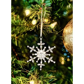 Serene Spaces Living Set of 6 Large Hanging Rhinestone Snow Flake Ornament, Christmas Tree Ornaments, Glitter Ornaments for Holiday Decorations, Winter Wonderland Themed Wedding, 5" Diameter