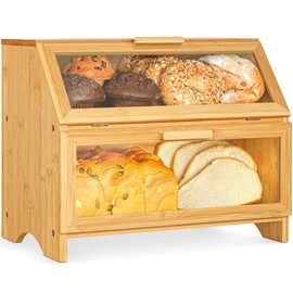 Golden Nature Double Layer Bamboo Bread Box for Kitchen Countertop, Large Wooden Storage Box W/Clear Display Windows, Food Keeper for Muffins, Bagels & Cookies