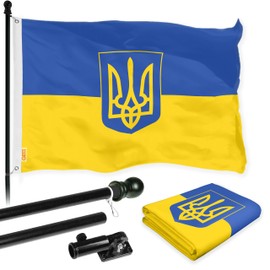 G128 Flag Pole 6FT Black & Ukraine Ukrainian Coat of Arms Flag 3x5FT Combo Printed 150D Polyester