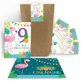 Junaversum 12 Invitation Cards for 9th Birthday Children Ninth Birthday Girl Flamingo Includes 12 Envelopes, 12 Bags 12 Stickers