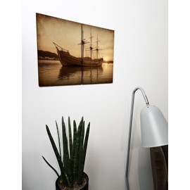The Plum Penguin Vintage Nautical Ship Scene Wooden Wall Art, A4 Size, Set of 2 MDF Prints Canvas Alternative 40 x 30cm