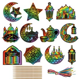 Qpout 36 Packs Ramadan Scratch Paper Art Kit,Eid Mubarak Magic Rainbow Scratch Off Cards Hanging Ornaments Craft for Eid Holiday Party Favor Supplies Classroom Activity DIY Paper Craft