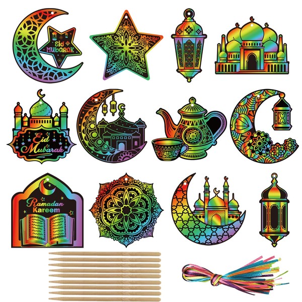 Qpout 36 Packs Ramadan Scratch Paper Art Kit,Eid Mubarak Magic