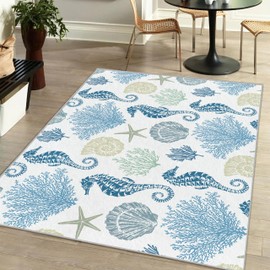 Coastal Rug Nautical Rug for Bedroom Living Room, Soft Low Velvet Carpet, Washable Beach Rug Ocean Rugs Beach Area Rug Modern Light Blue Seahorse, 8x10