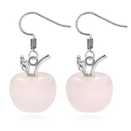 JunyiDIY Apple Pendant Earrings for Women | Pink Rose Quartz Stone Hypoallergenic Drop Earrings | Elegant and Charming Birthday Gift for Moms YA4030