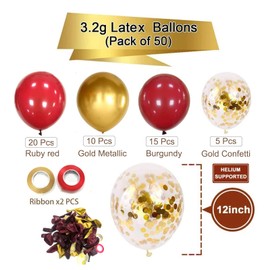 Red and Gold Party Balloons, 50 Pcs 12 Inch Burgundy Balloons Ruby Red and Gold Latex Balloons For Birthday Engagement Wedding Bridal Shower Anniversary Valentines Decorations