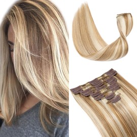 Elailite Clip in Human Hair Extensions Real Natural Hair 8 Pieces Thin Weft Remy Hair Straight - #12/613 Golden Brown Mix Bleach Blonde - 20 Inch (70 g)
