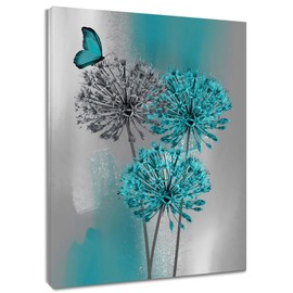 LB Teal Dandelion Canvas Wall Art Teal Grey Dandelion with Butterfly on Modern Abstract Background Wall Art Aesthetic Wall Art Decor for Living Room Bedroom Bathroom Office Framed Ready to Hang 16L x