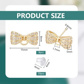 BENECREAT 8Pcs Real 14K Gold Plated Brass Cubic Zirconia Earring Stud, Bowkont Earring Findings with Loops and 30Pcs Plastic Ear Nuts for Valentine's Day, Earring Jewelry Making Gift DIY