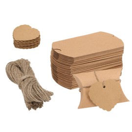 uxcell 50Pcs Pillow Boxes 3.5 x 2.8 x 1 Inch Gift Boxes with Ropes and Tags, Presents Kraft Paper Candy Favor Boxes for Gift Wrap Wedding Birthday Party, Brown