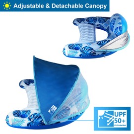 COOLCOOLDEE Pool Float with Canopy,Cup Holder - XL Pool Chair Lounge Float with Adjustable Sun Shade Cover, Drink Holder,Ergonomic Headrest,Inflatable Pool Float for Adults(Deep Blue)