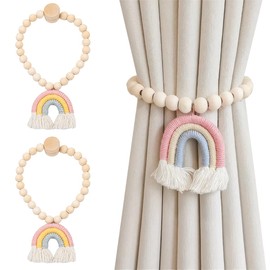 Curtain Tiebacks Rainbow Pack of 2, Magnetic Curtain Tiebacks Tassels, Curtain Tiebacks Children's Room, Magnetic Curtain Tieback Cotton Ropes, Wooden Curtain Tiebacks for Home, Office, Home