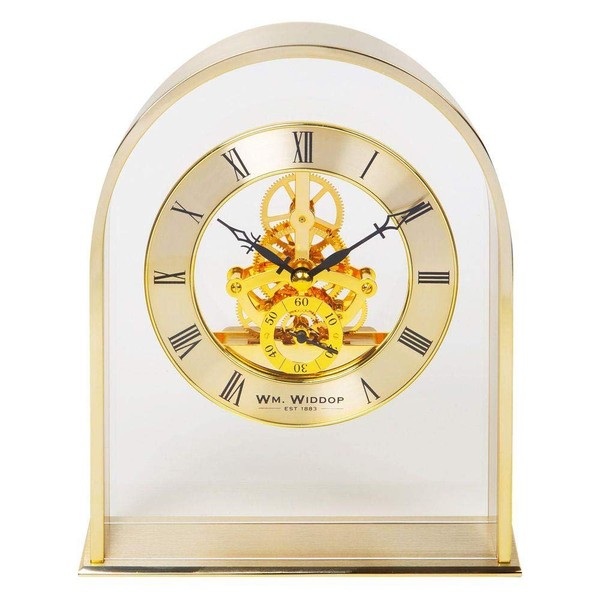 Wm Widdop Gold Effect Arch Mantel Clock with Skeleton Movement Dial