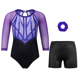 JOYSTREAM Gymnastics Leotards for Girls With Shorts Sparkly Ballet Dance Long Mesh Sleeve Violet Diamond,12-13Years