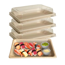 EcoQuality Medium Compostable Sushi Trays with Lids - Natural Sugarcane Bagasse Take Out Sushi Container - Biodegradable, Disposable Sushi Plate with Lid, Eco Friendly, To go, Serving Tray (50)